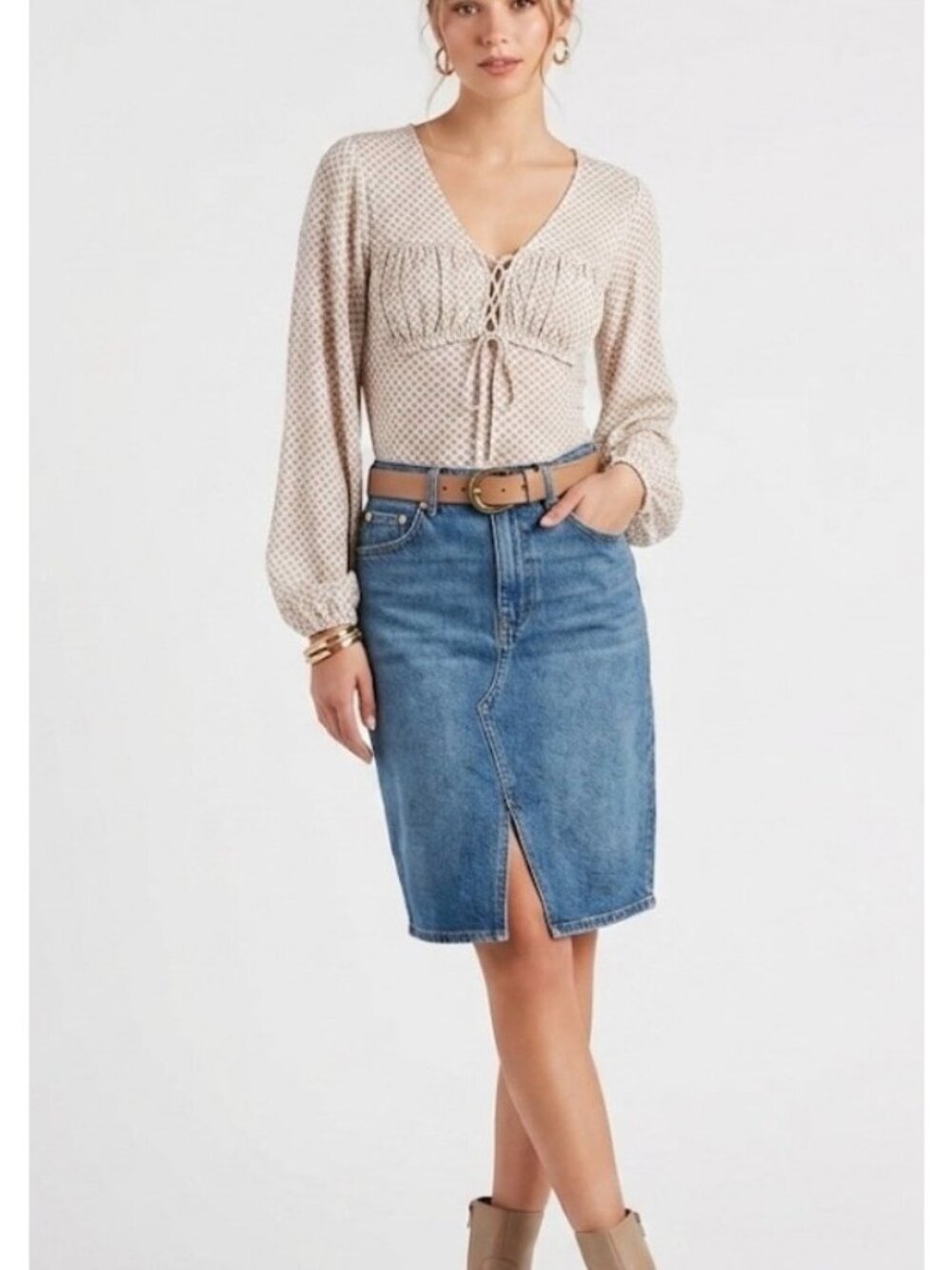 Free People Women’s Long Sleeve Printed Bodysuit Lace-Up Front Beige Pattern M
